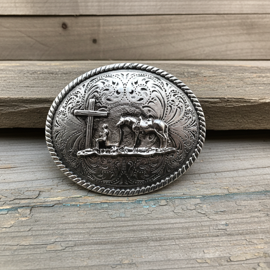 RLB502 - RockinLeather Silver Cowboy Prayer Oval Buckle