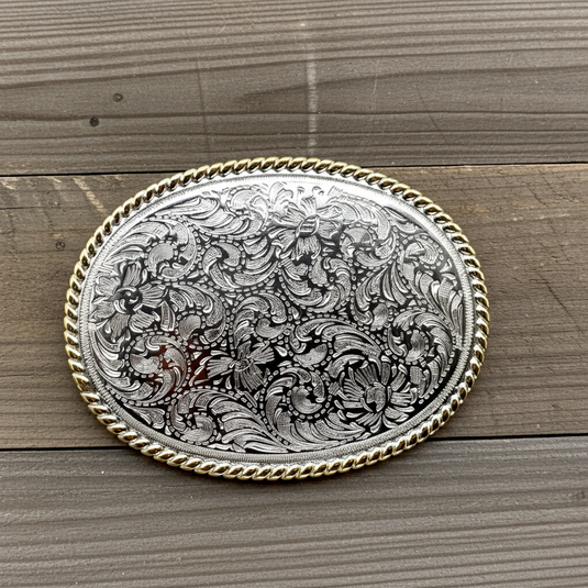 RLB501 - RockinLeather Silver Scrolled Oval Buckle with Gold Edge