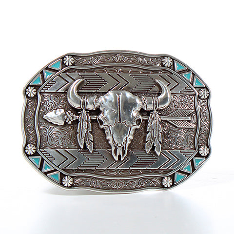 37007 - Nocona Rectangle Arrow Skull Feather Buckle