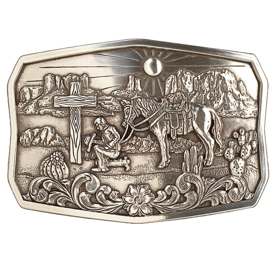 37909 - Rectangoe Praying Cowboy Cactus Antique Silver Buckle