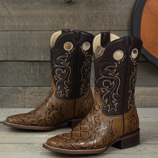 1229 - RockinLeather Men's Capuccino Stamped Cowhide Leather Boot