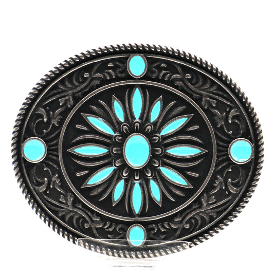 RLB505 - RockinLeather Nickle Turquoise Burst Belt Buckle