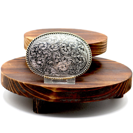 RLB501 - RockinLeather Silver Scrolled Oval Buckle with Gold Edge