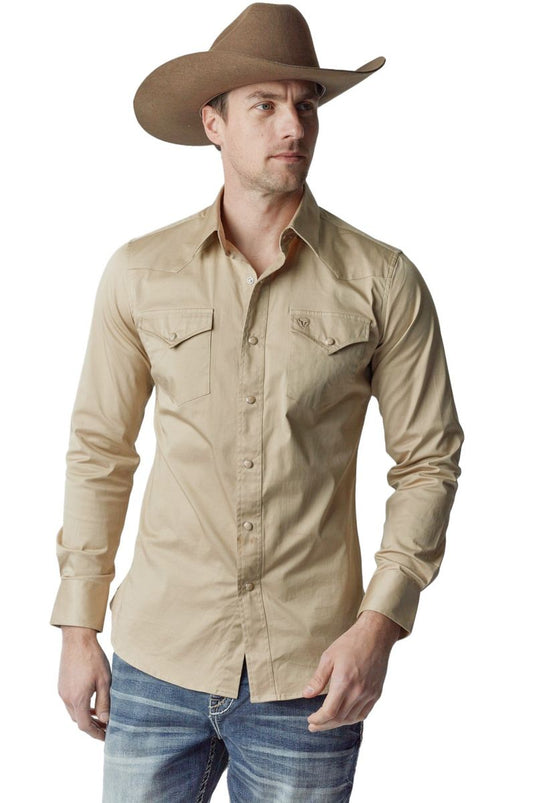 WL-009 - Men's Solid Twill Long Sleeve Khaki Snap Shirt