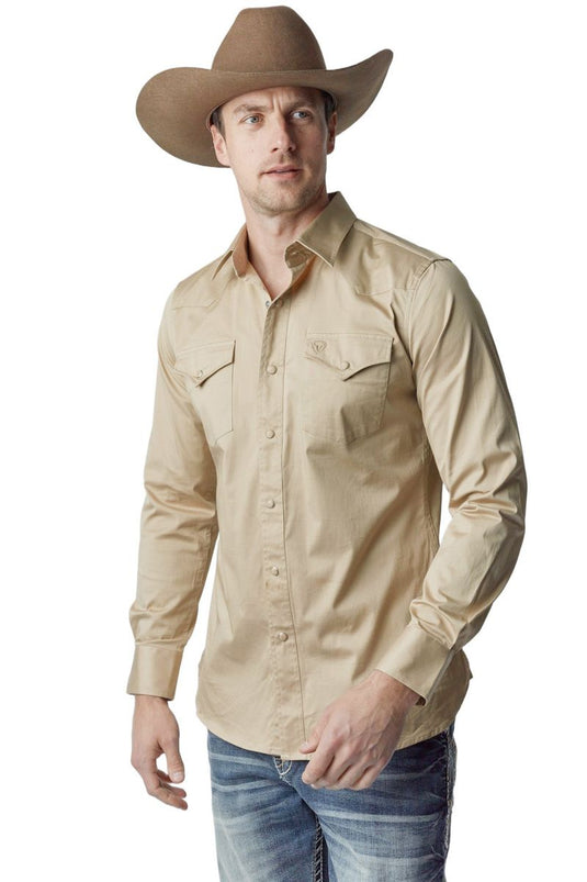 WL-009 - Men's Solid Twill Long Sleeve Khaki Snap Shirt