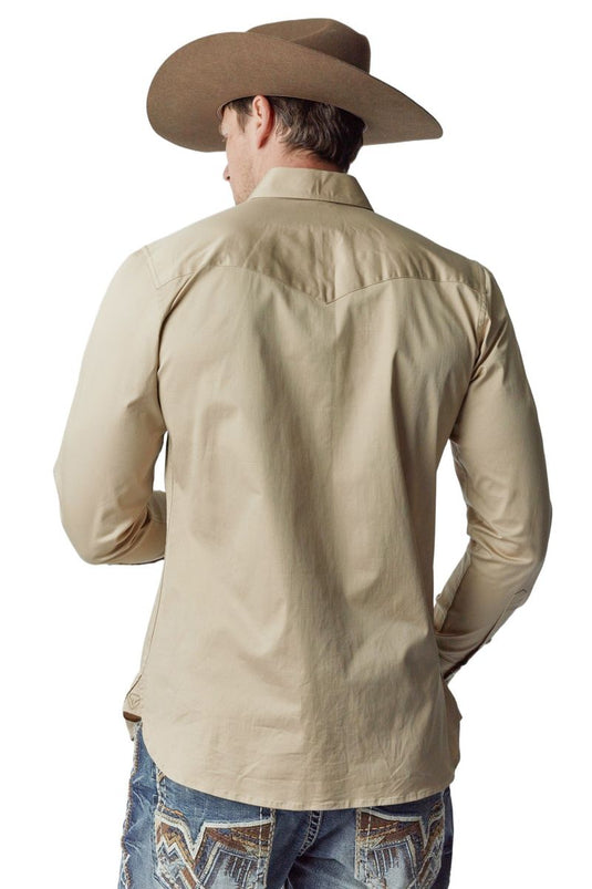 WL-009 - Men's Solid Twill Long Sleeve Khaki Snap Shirt