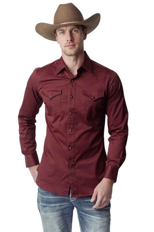 WL-010 - Men's Solid Twill Long Sleeve Burgundy Snap Shirt