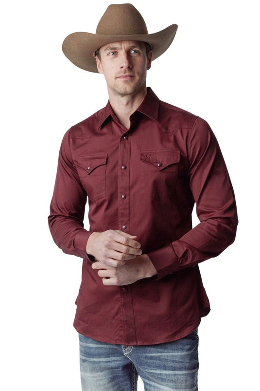 WL-010 - Men's Solid Twill Long Sleeve Burgundy Snap Shirt