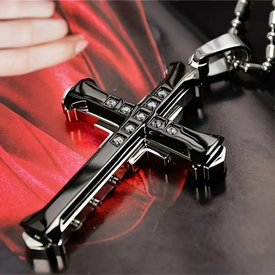TMNK6 - Men's Steel Cross Necklace w/Zirconia Stones
