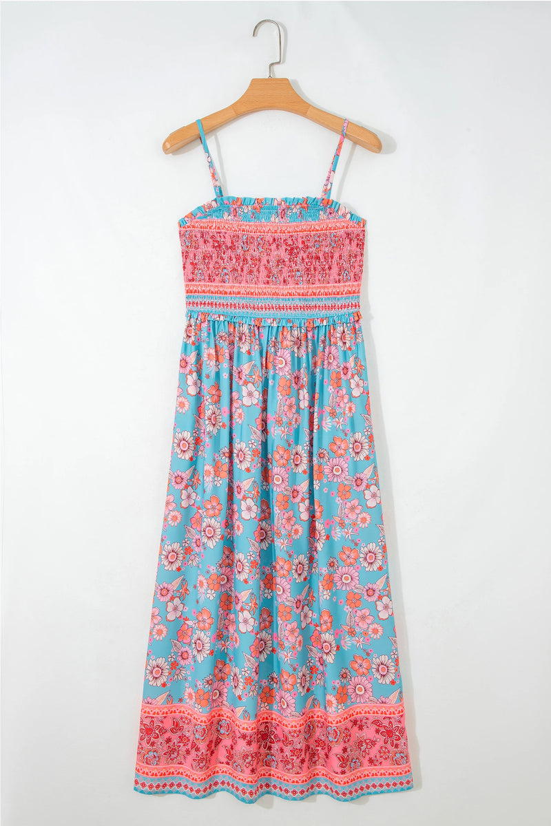 Load image into Gallery viewer, DLLS608 - Ladies Sky Blue Bohemian Ethnic Print Spaghetti Straps Vacation Maxi Dress
