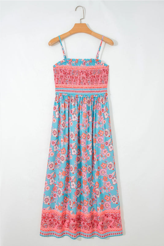 DLLS608 - Ladies Sky Blue Bohemian Ethnic Print Spaghetti Straps Vacation Maxi Dress