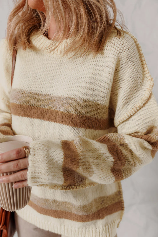 DLLS924 - Ladies Khaki Stripe Exposed Seam Drop Shoulder Knit Baggy Sweater