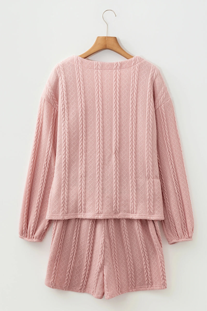 Load image into Gallery viewer, DLLS369 - Ladies Gossamer Pink Cable Knit V Neck Cardigan Shorts Set

