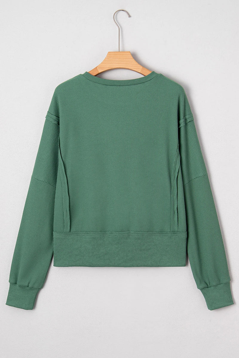 Load image into Gallery viewer, DLLS333 - Ladies Evergreen Solid Color Raw Seam Patchwork Textured Drop Shoulder Sweatshirt
