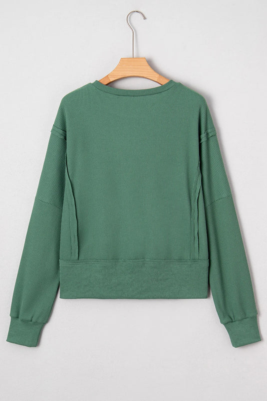 DLLS333 - Ladies Evergreen Solid Color Raw Seam Patchwork Textured Drop Shoulder Sweatshirt
