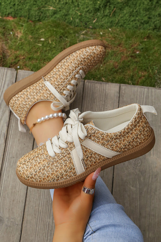 DLLSHOE 90 - Gold Stylish Woven Lace Up Flat Shoes