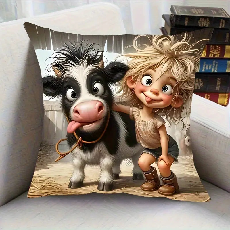 Load image into Gallery viewer, TMPL140 - 1 Piece - 18&quot; x 18&quot; Crazy Cow &amp; Girl Throw Pillow
