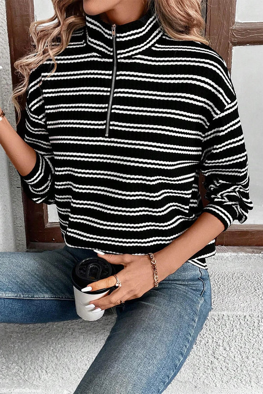 DLLS322 - Ladies Black Stripe Textured Quarter Zip Collar Long Sleeve Top