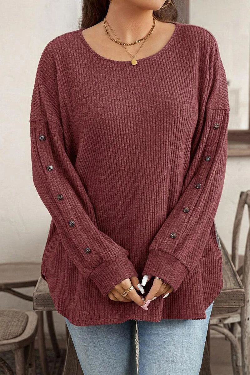 Load image into Gallery viewer, DLLS238 - Ladies Wild Ginger Plus Size Ribbed Button Decor Long Sleeve Loose Top
