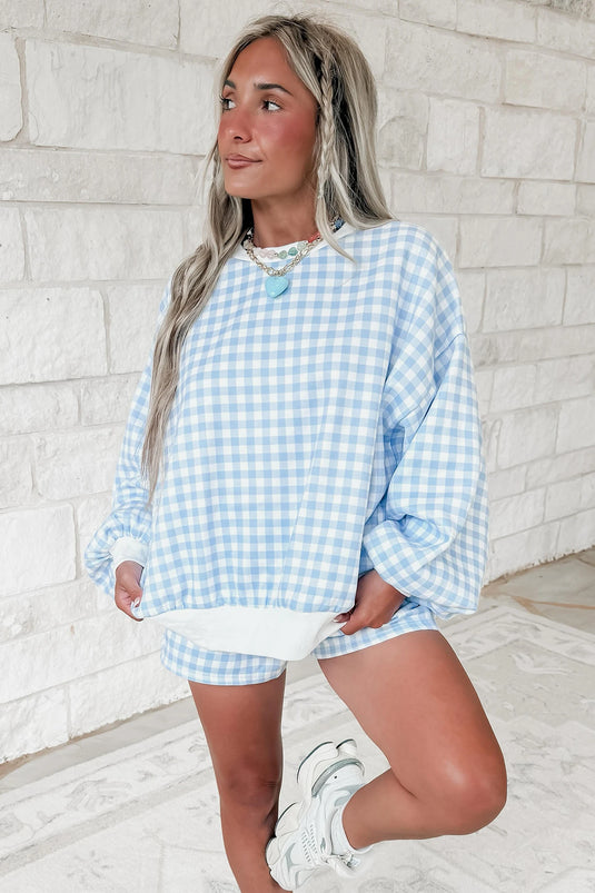 DLLS1081 - Ladies Sky Blue Plaid Baggy Pullover Drawstring Casual Shorts 2pcs Outfit
