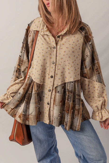 DLLS176 - Oatmeal Boho Floral Plaid Patchwork Distressed Detail Ruffled Sleeve Waffle Knit Shacket