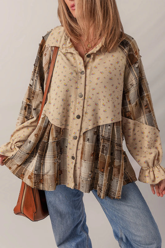 DLLS176 - Oatmeal Boho Floral Plaid Patchwork Distressed Detail Ruffled Sleeve Waffle Knit Shacket