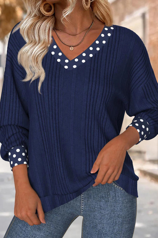 DLLS534 - Ladies Dirty Blue Polka Dot Trimmed V Neck Bow Tie Textured Ribbed Top
