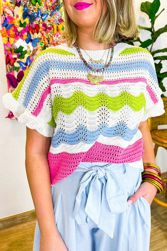 DLLS570 - Ladies White Color Block Crochet Knit Ruffled Short Sleeve Sweater Top