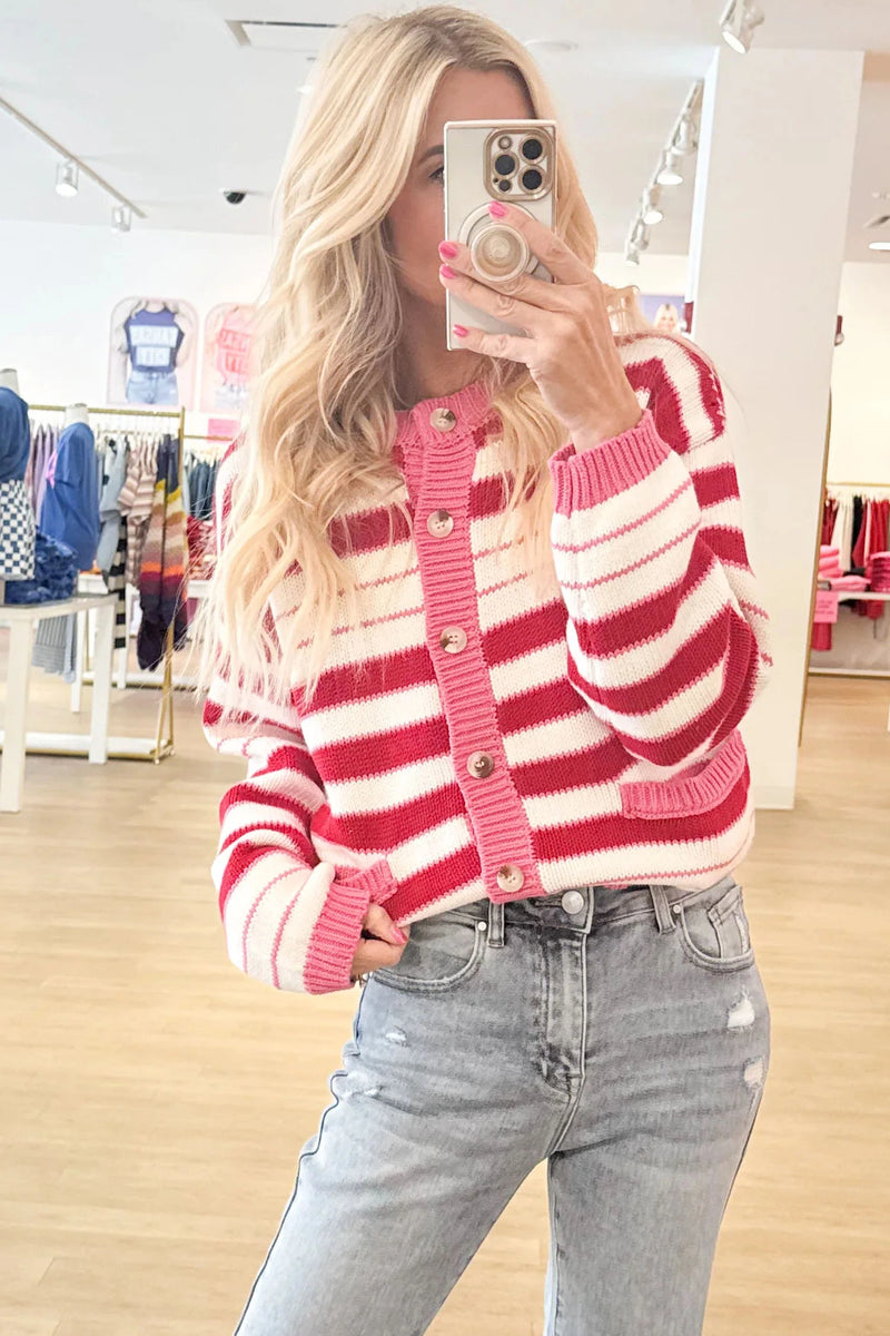 Load image into Gallery viewer, DLLS854 - Ladies Red Stripe V Neck Long Sleeve Regular Fit Cardigan
