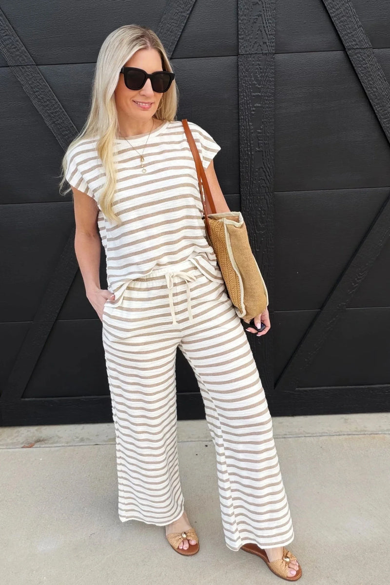 Load image into Gallery viewer, DLLS695 - Ladies Khaki Stripe Cap Sleeve Tee Drawstring Shift Pants 2pcs Outfit
