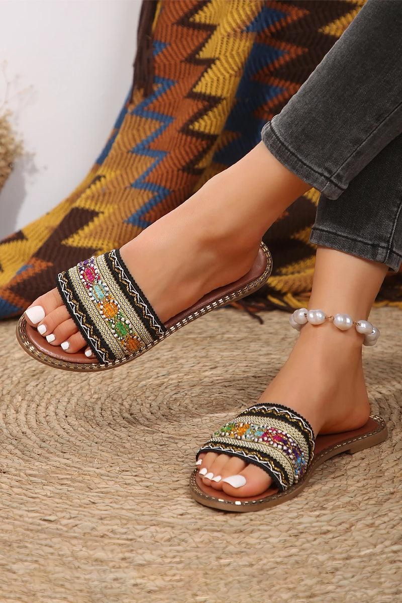 Load image into Gallery viewer, DLLSHOE 135 - Chestnut Bohemian Pattern Crochet Faux Leather Beach Slippers
