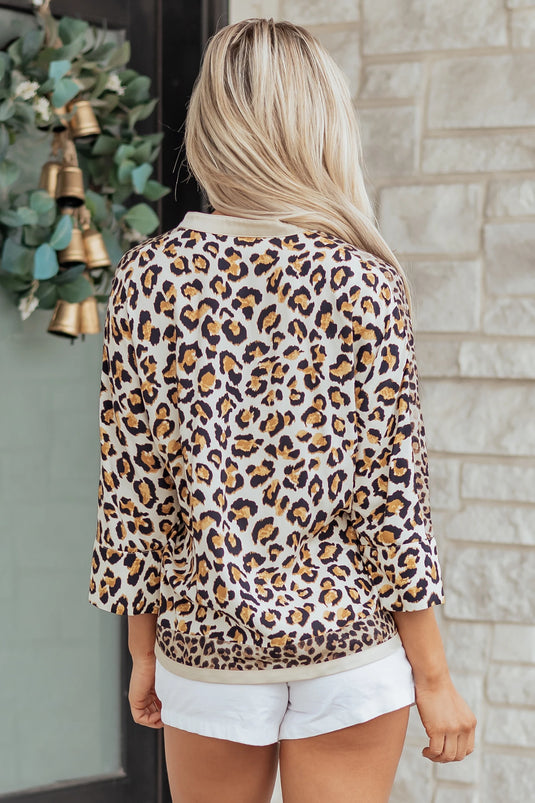 DLLS379- Ladies Khaki Mixed Leopard Patchwork 3/4 Sleeve Loose Shirt