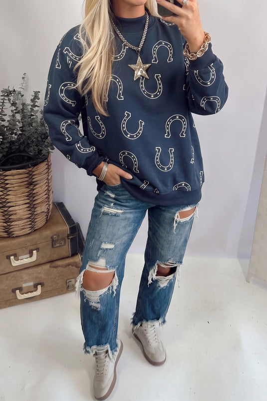 DLLS1063 - Ladies Blue Western Horseshoe Print Mock Neck Casual Pullover Sweatshirt