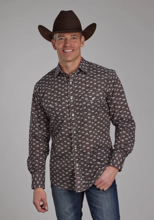 01-001-0019-0679 BR - Roper Men's Brown And Cream Floral Long Sleeve Snap Western Shirt