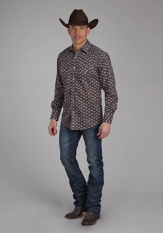 01-001-0019-0679 BR - Roper Men's Brown And Cream Floral Long Sleeve Snap Western Shirt