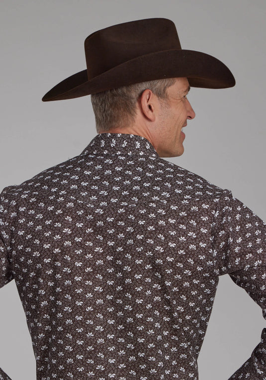 01-001-0019-0679 BR - Roper Men's Brown And Cream Floral Long Sleeve Snap Western Shirt