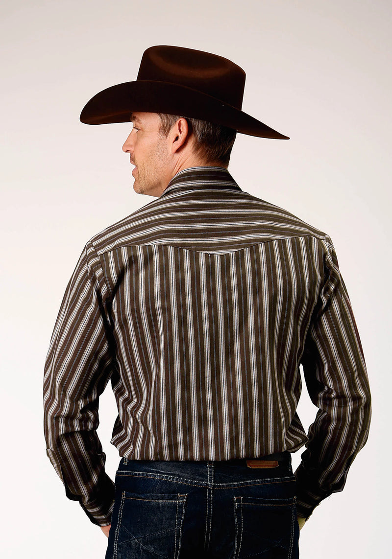 Load image into Gallery viewer, 01-001-0018-1070 BR - Roper Men's Long Sleeve Snap Chocolate Stripe Western Shirt
