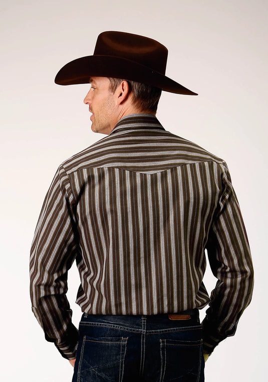 01-001-0018-1070 BR - Roper Men's Long Sleeve Snap Chocolate Stripe Western Shirt