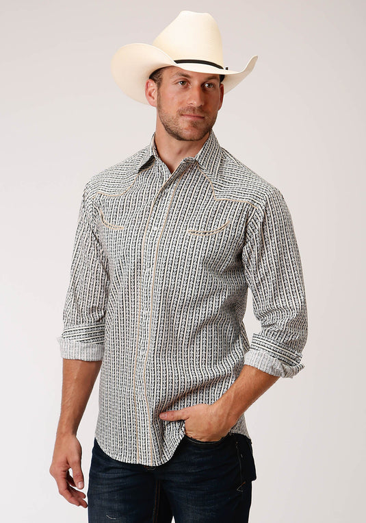 01-001-0086-0415 GY - Roper Men's Dark Grey Ground Wallpaper Print Long Sleeve Snap Western Shirt