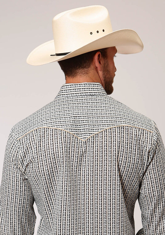01-001-0086-0415 GY - Roper Men's Dark Grey Ground Wallpaper Print Long Sleeve Snap Western Shirt