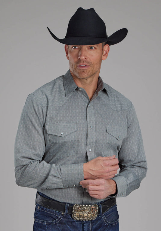 01-001-0145-0701 GY - Roper Men's Allover Tone On Tone Grey Long Sleeve Snap Western Shirt
