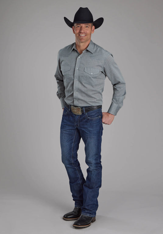 01-001-0145-0701 GY - Roper Men's Allover Tone On Tone Grey Long Sleeve Snap Western Shirt