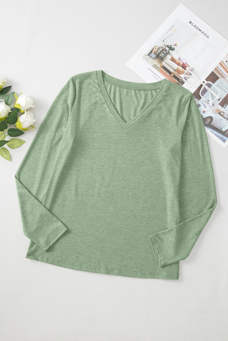 Load image into Gallery viewer, DLLS411 - Ladies Grass Green Solid Color V Neck Long Sleeve Stretchy Top
