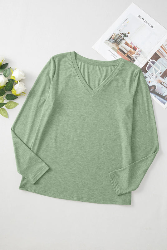 DLLS411 - Ladies Grass Green Solid Color V Neck Long Sleeve Stretchy Top