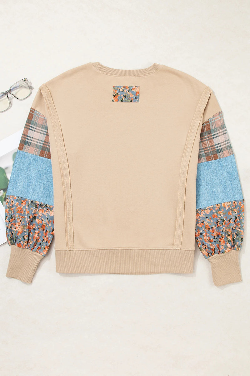 Load image into Gallery viewer, DLLS918 - Ladies Smoke Gray Plaid Colorblock Patchwork Sleeve Raw Seam Sweatshirt
