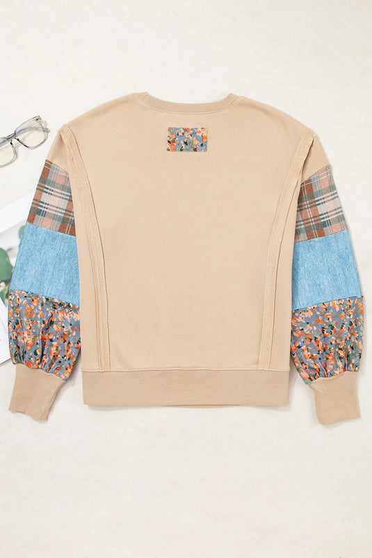 DLLS918 - Ladies Smoke Gray Plaid Colorblock Patchwork Sleeve Raw Seam Sweatshirt