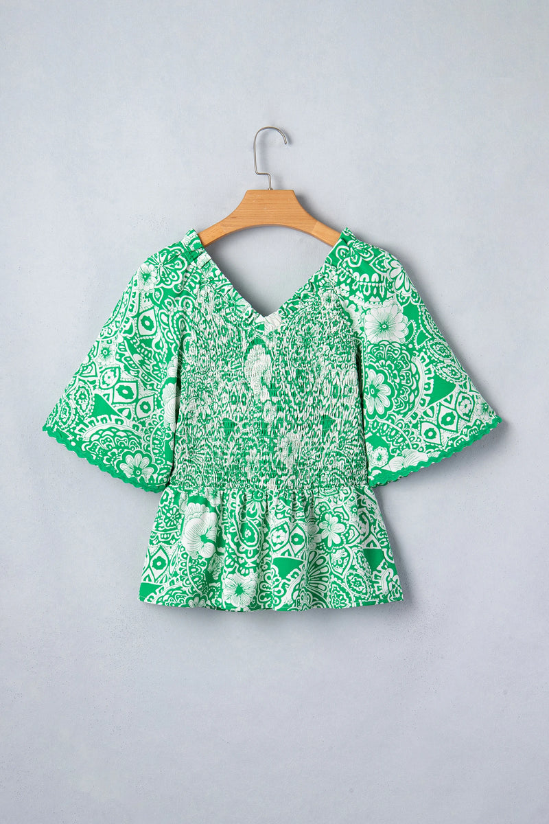 Load image into Gallery viewer, DLLS612 - Ladies Green Flirty Floral Smocked V Neck Blouse
