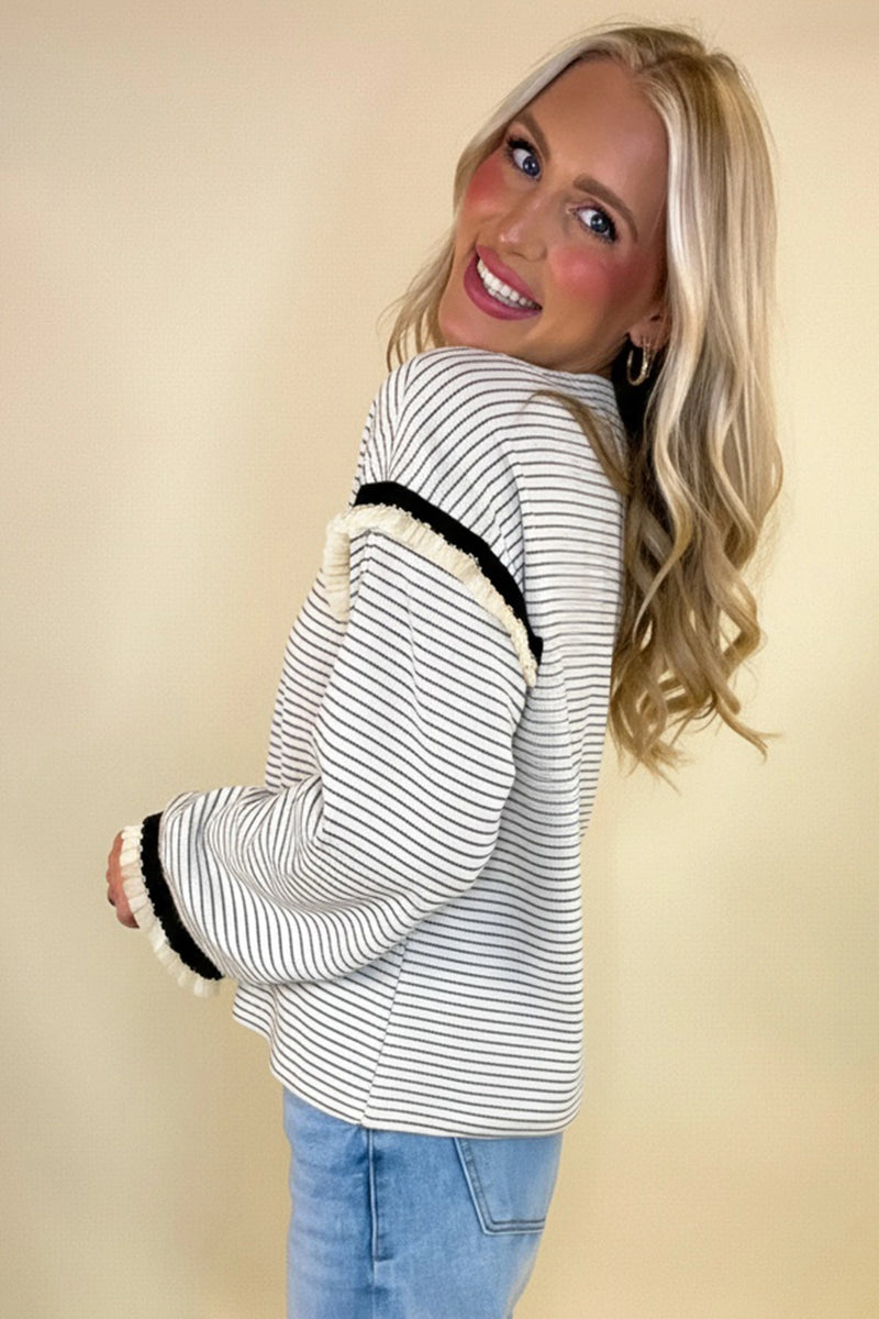 Load image into Gallery viewer, DLLS296 - Ladies White Stripe Contrasted Ruffle Trim Loose Long Sleeve Top
