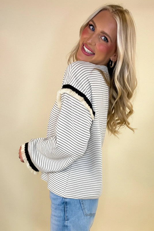 DLLS296 - Ladies White Stripe Contrasted Ruffle Trim Loose Long Sleeve Top