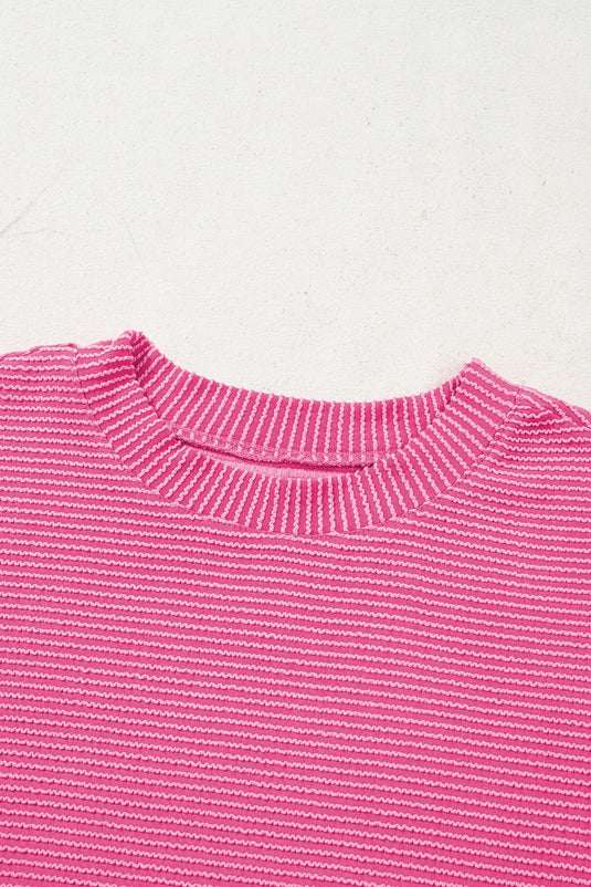 DLLS711 - Ladies Bright Pink Plain Corded Knit Mock Neck T Shirt